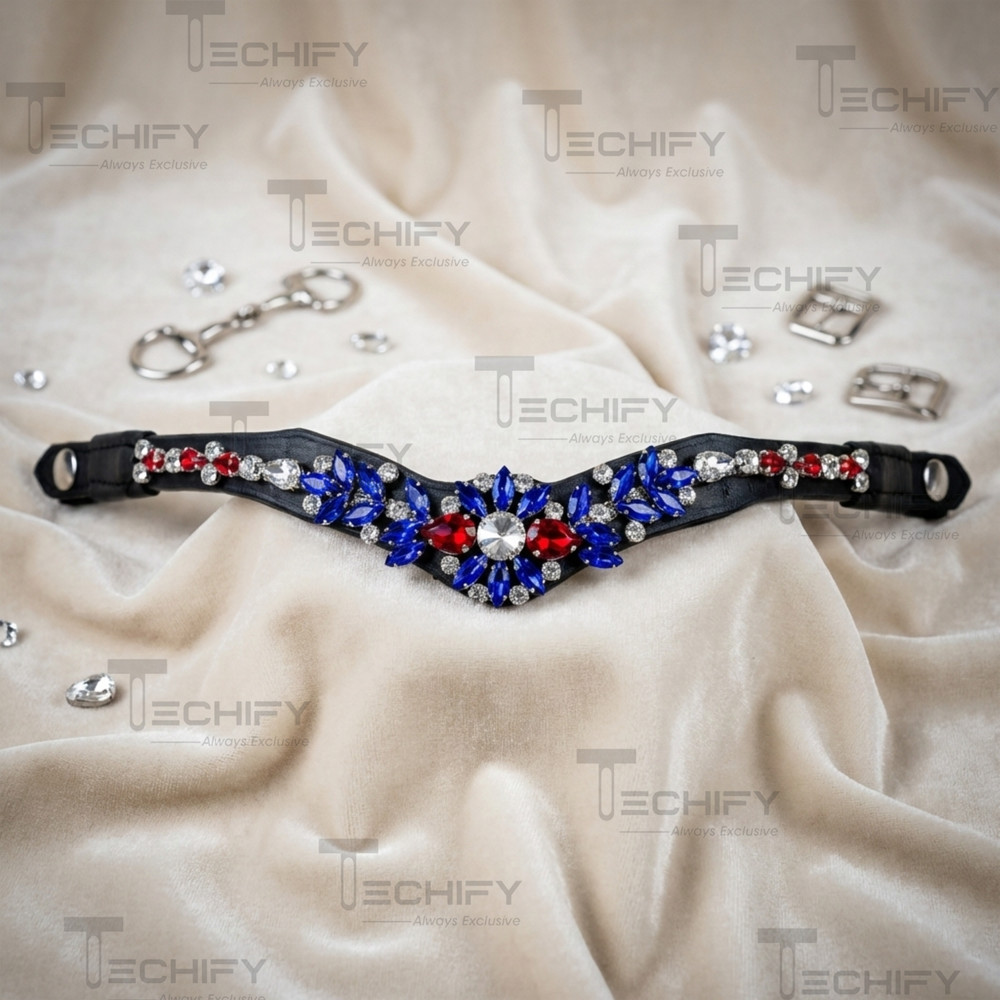 Black Leather Horse Browband with Blue Red Crystal Rhinestones Show Bridle