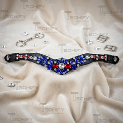 Black Leather Horse Browband with Blue Red Crystal Rhinestones Show Bridle