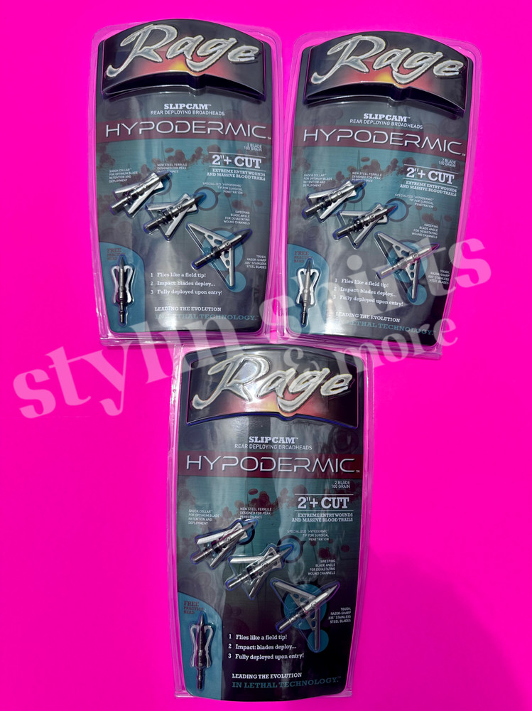 3 pack RAGE Slipcam PRACTICE POINT HYPODERMIC 2″ cut 2 blade broadhead 100 grain