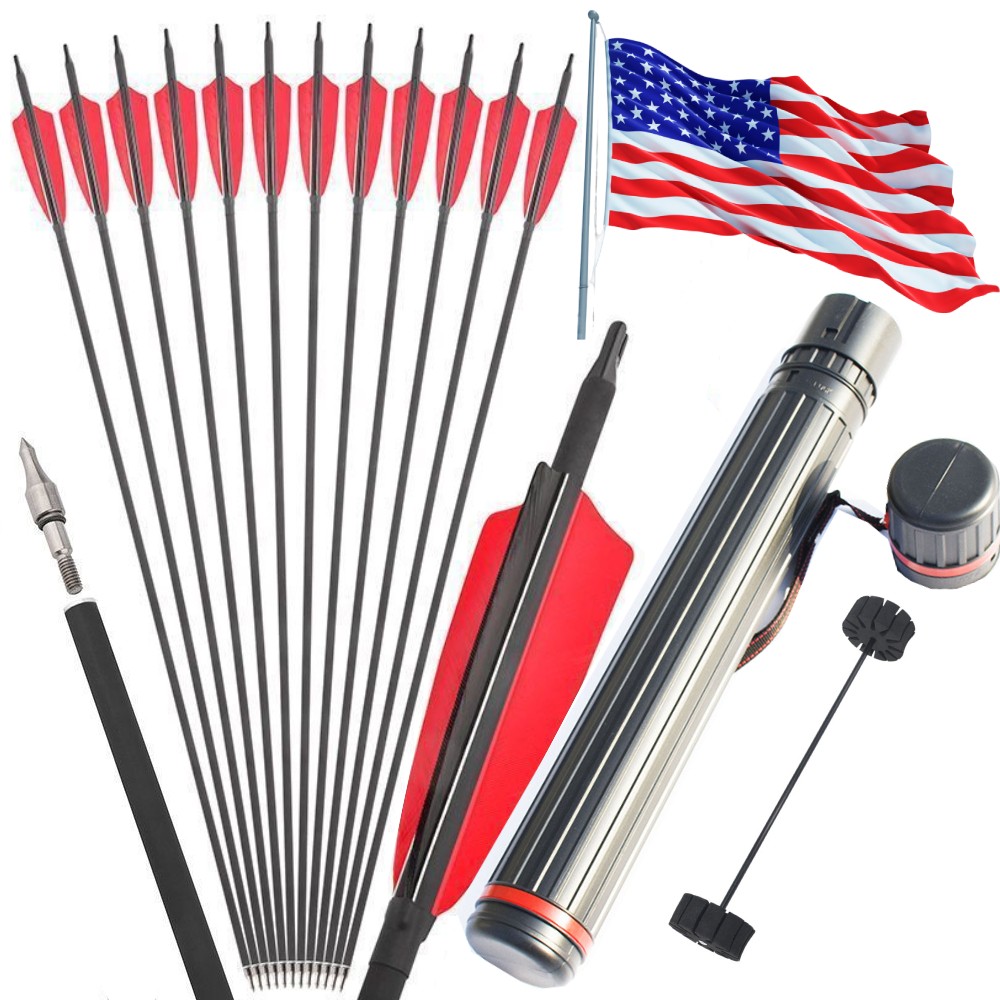 48pcs Archery 30″ Carbon Arrows Turkey Feather Compound Recurve Bow Shot Quiver