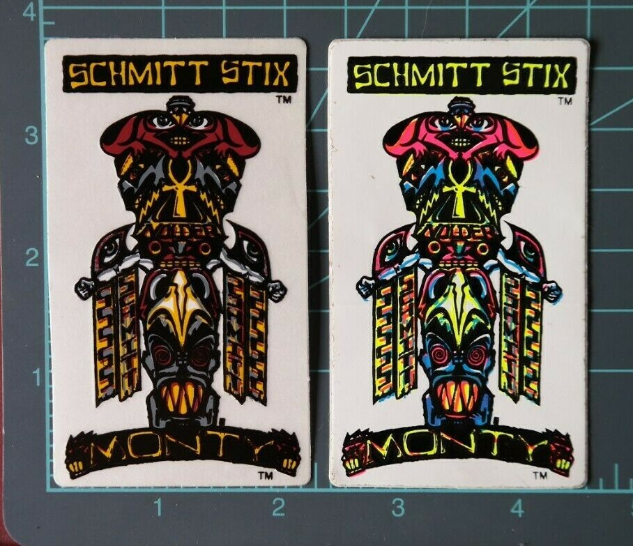 Schmitt Stix Monty Nolder vintage 1986 Totem skateboard NOS sticker x 2