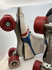 Vintage Derby Fireball Quad Roller Skates Size 5 Made Philippines White Red Blue