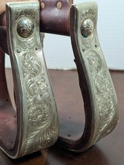 Vintage Diablo USA Silver Plated Overlay Western Saddle Stirrups Engraved Pair