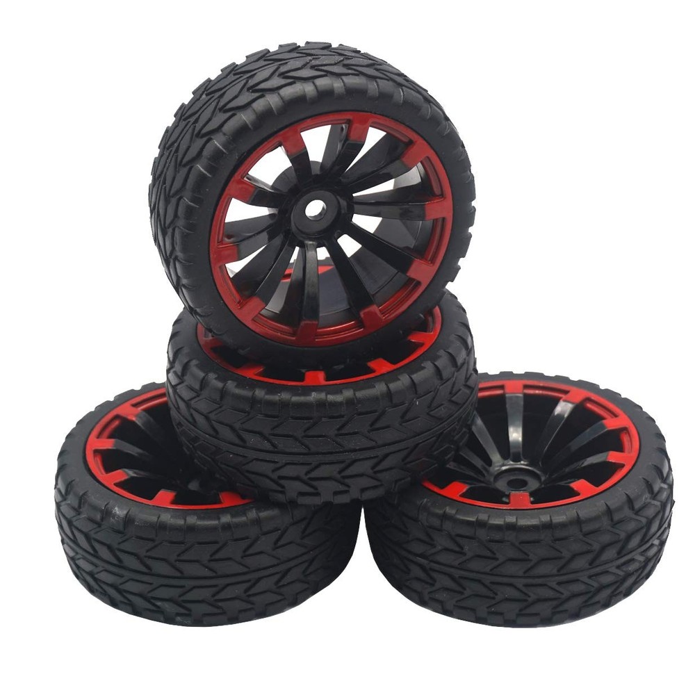 4Pack ShareGoo OD 2.55″ 12mm Hex Wheel Rims & Rubber Tires 2.55 Inches, Red