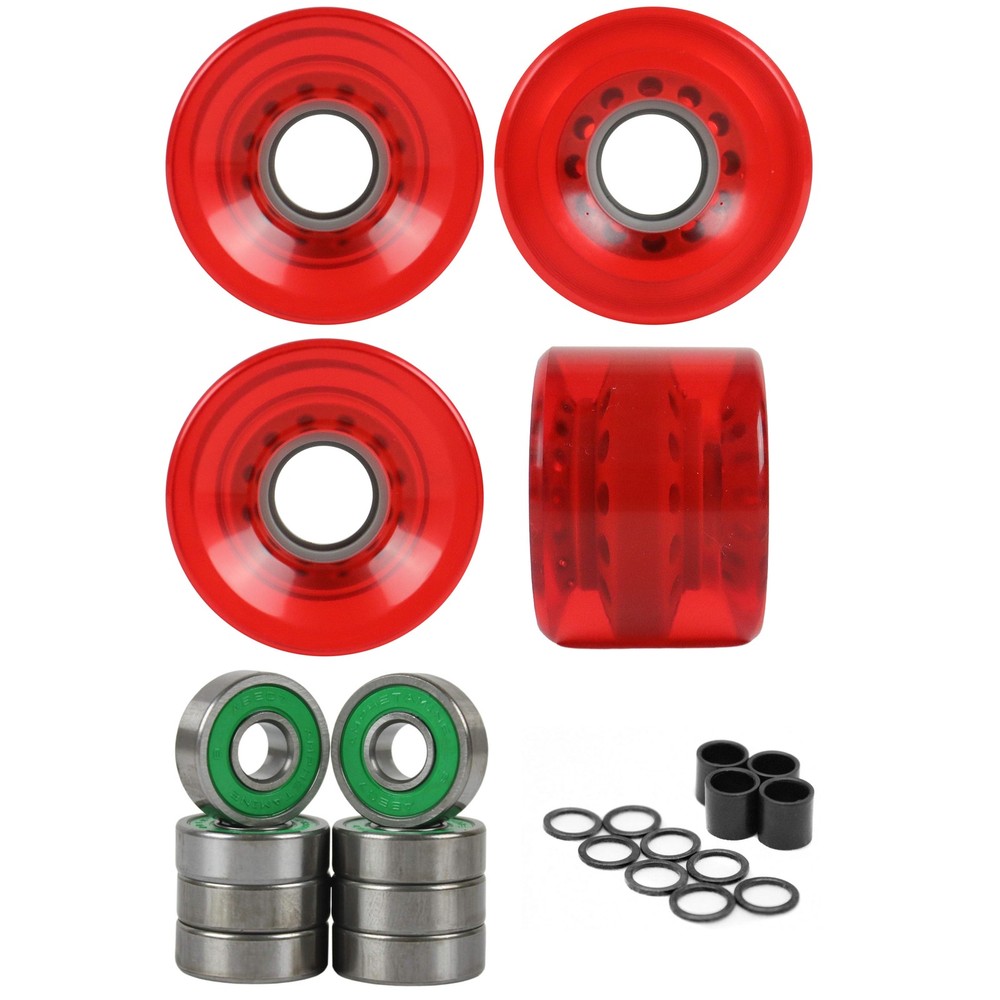 Longboard Wheels 60mm x 44mm 83A Clear Red 4-Pack with Abec 7 Bearings, Spacers