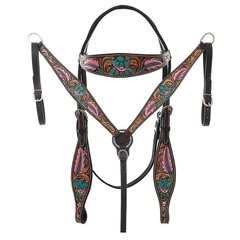 Western Headstall and Breast Collar Set HILASON Tooled Leather Horse Bridle Tack
