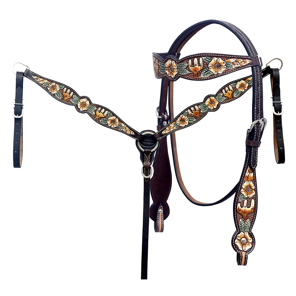 Western Headstall and Breast Collar Set HILASON Tooled Leather Horse Bridle Tack