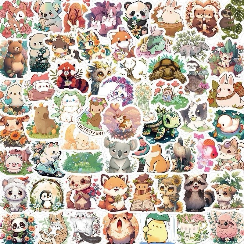 9Pcs Random Cute Animal Kawaii Cartoon Plant Flower Animal Waterproof Stickers