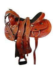 BARREL RACING DEEP SEAT FLORAL TOOLED HORSE PLEASURE WESTERN SADDLE 15 16 17 SET