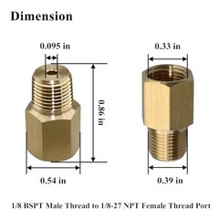 2PCS 1/8 BSPT Male to 1/8-27 NPT Female, Thread Adapter for Gauge