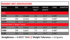 Carbon Express Maxima XRZ 250 6PK Arrows, 250-400 Spine 51080 Inserts Included