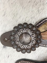 Western Women’s Spur Strap Set with Leather Leaves on Cowhide, Raw Metal Concho