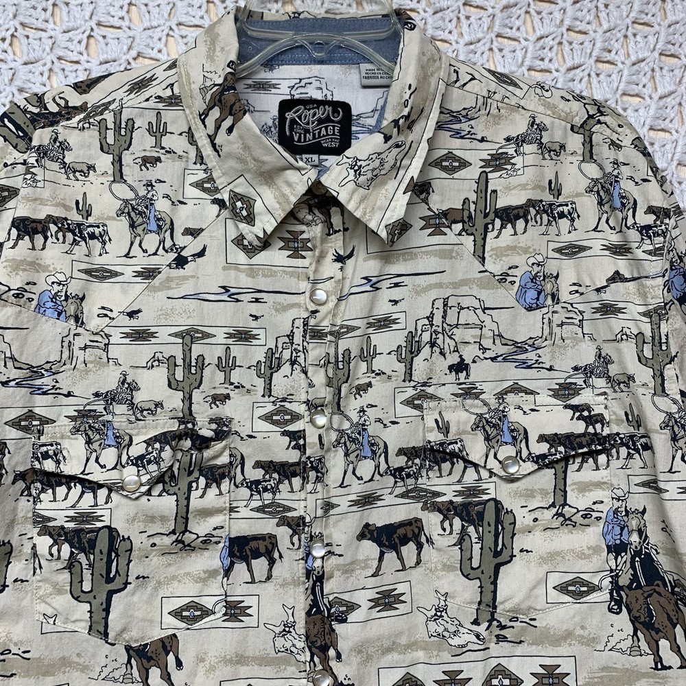 Vintage Roper Wéstern Shirt Men’s XL Beige Wéstern Animal Print Pearly Snap