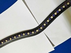 Blue/White Clear Crystal Leather Browband For Bridle With Softy Padding.