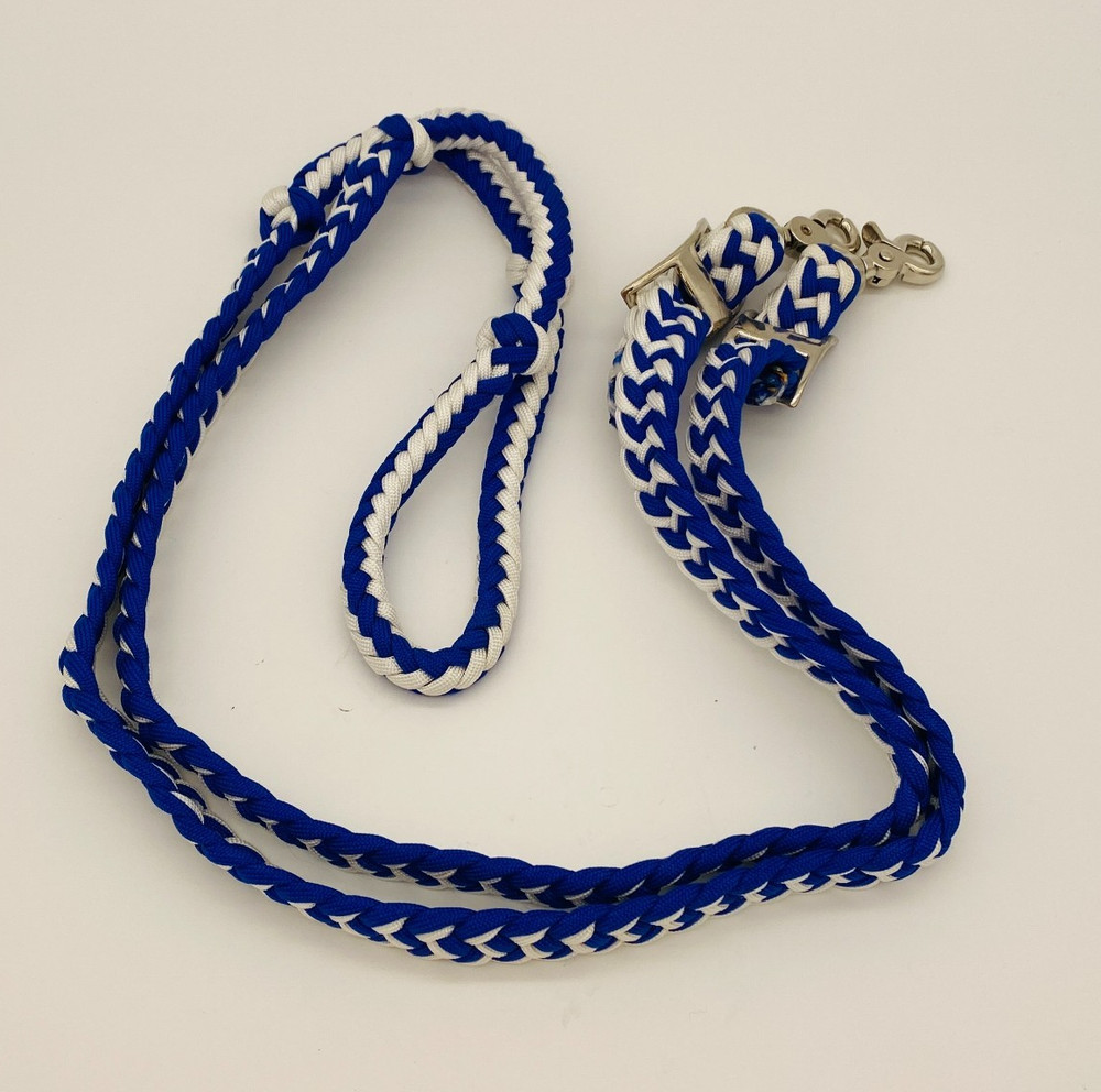 Challenger Western Nylon Braided Roping Knotted Barrel Reins Blue White