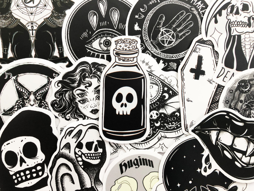 50 Cool Black and White Goth Laptop Stickers Dark Skull Tattoo Decals