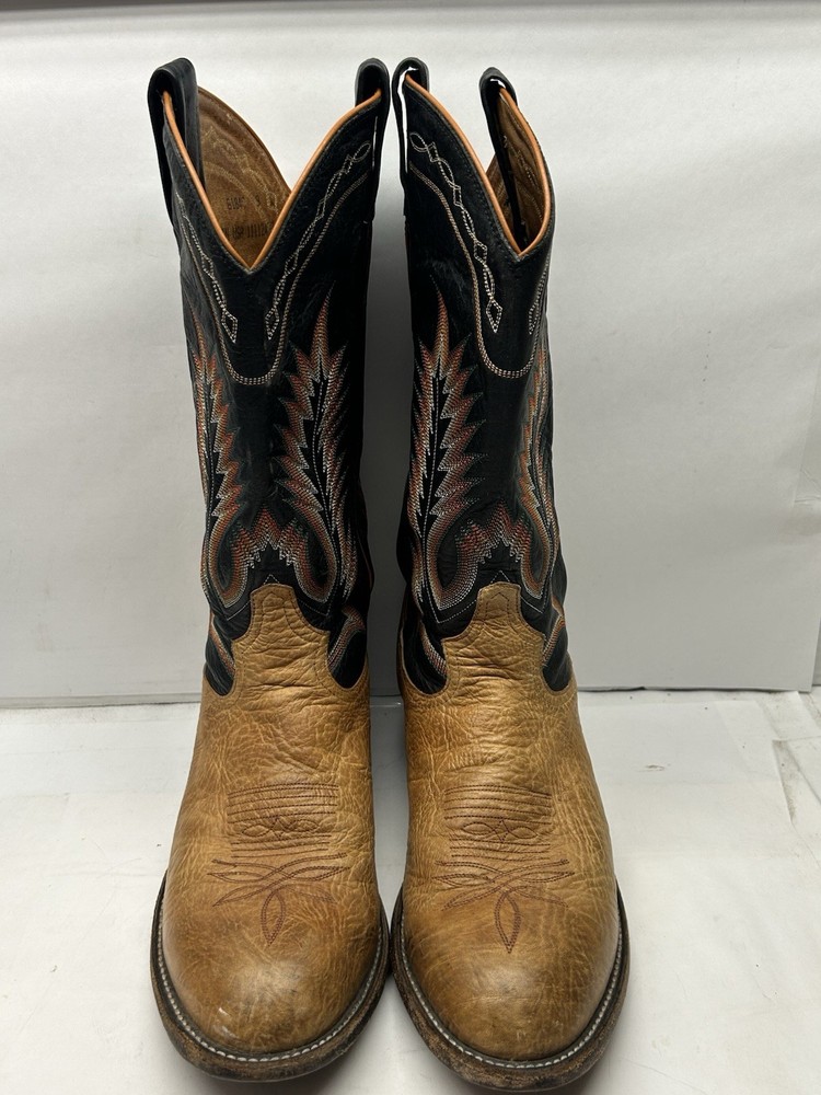 Tony Lama Men’s Western Cowboy Boots Tan Leather Black Stitching US 9 5184