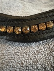 Black Leather Padded Browband With Snaps and Amber Crystals