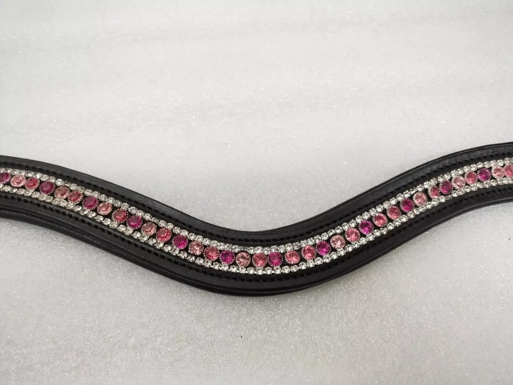 Designer Gorgeous 3 Row Pink Crystal Horse Leather Browband For Bridle.
