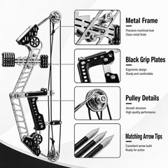 Stainless Steel Compound Bow Set with 10 Arrows, Metal Frame, Target Training, B