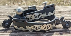 Western Spurs – Black Steel – Silver Floral Overlay – Short Shank – Blunt Rowel