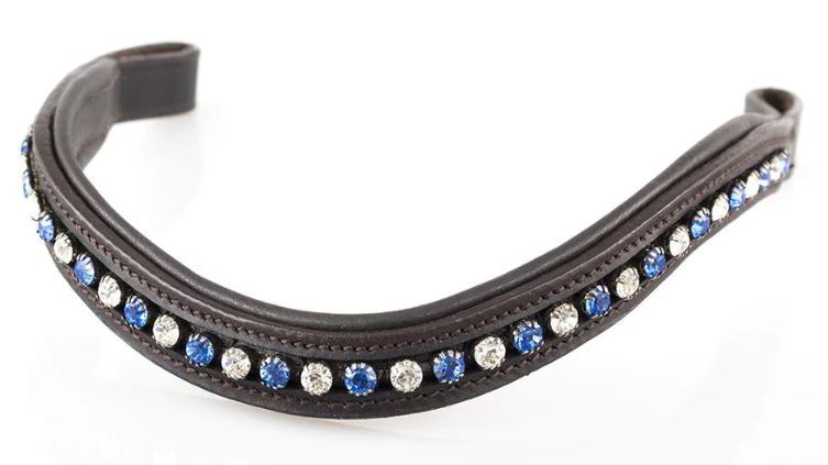 Blue/White Clear Crystal Leather Browband For Bridle With Softy Padding.