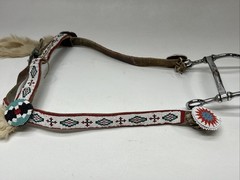 Vintage Western Navajo Beaded Horse Headstall Bridle Metal Bit With Fur