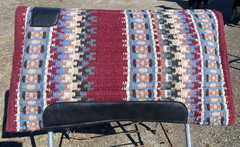 Burgundy w/blue, tan wool cutter style Western saddle pad w/fleece 32 X 34
