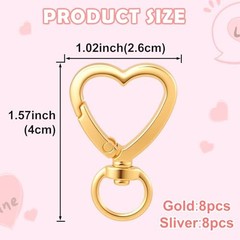 Heart Shape Keychain Clip, Heart Carabiner Spring Snap Gold, Silver, 16pcs