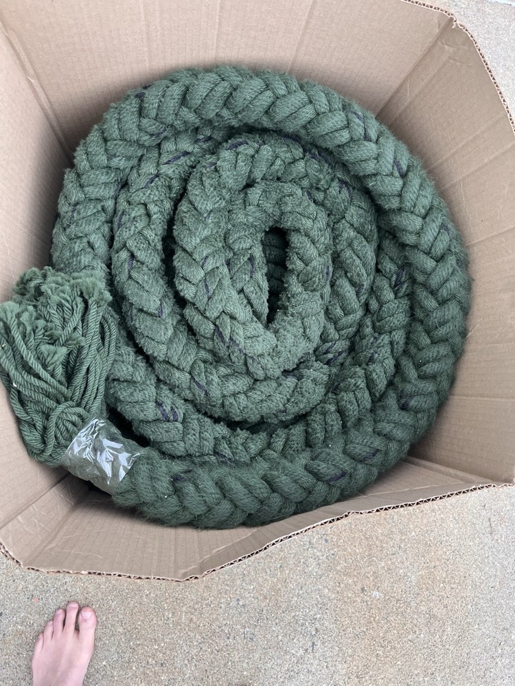 2.25” Large Diameter Cotton Rope Drab Green Soft But Strong About 80’ Slight Use