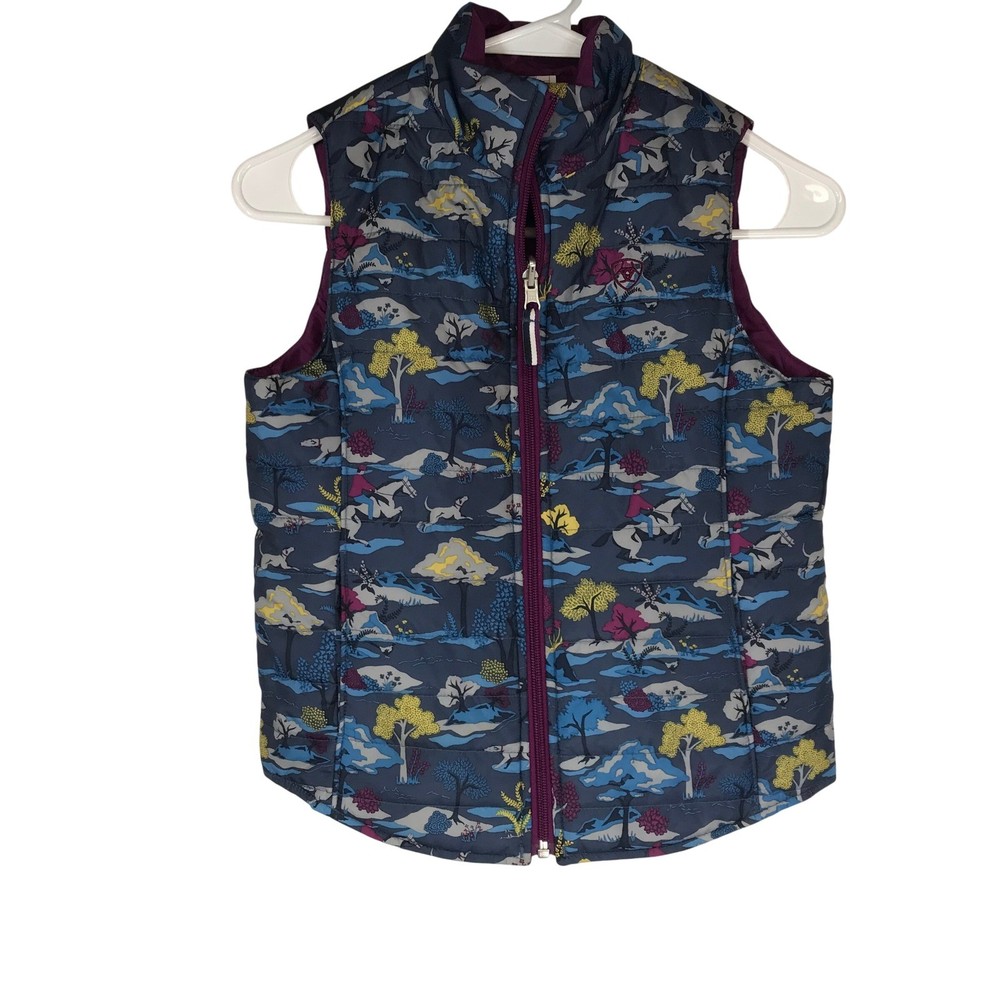 Ariat Girls Medium M Puffer Vest Navy Purple Equestrian Horse Rider Scene Zip Up