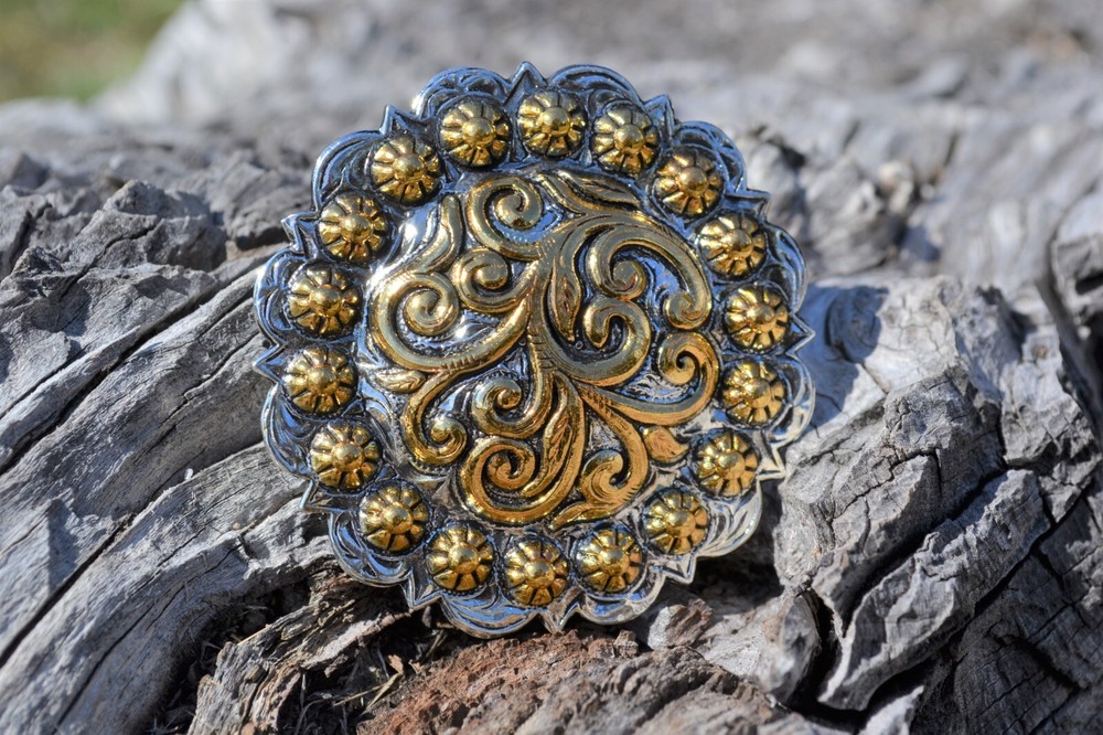 Scarf Slide – 2 1/2″ Two-Tone Silver and Gold Berry Concho w/Loop Back