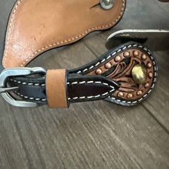 Short Shank Ball End Western Spurs w Copper Spotted Tooled Leather Straps