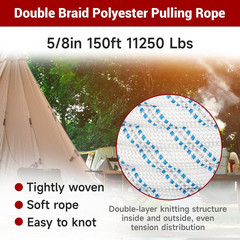 5/8In Rope 150Ft 11250 Lbs Double Braid Polyester Pulling Rope Bull Rope for Pul