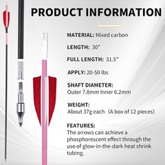 12 Pack Carbon Arrow Practice Hunting Arrow, 30″ Glow in Dark, Detachable Tip
