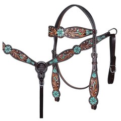 Western Headstall and Breast Collar Set HILASON Tooled Leather Horse Bridle Tack
