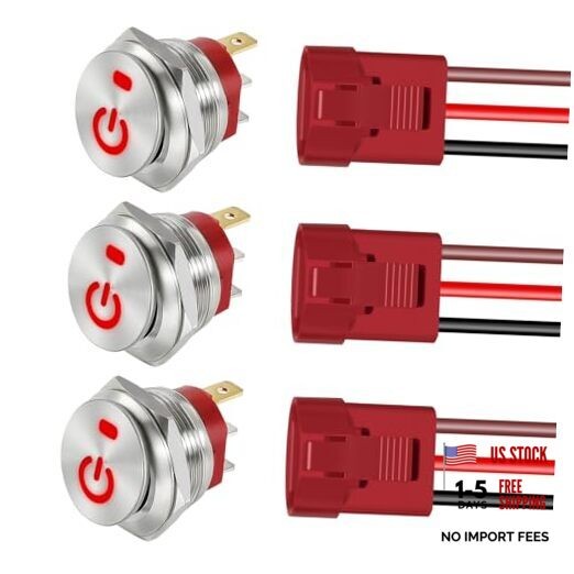 3 Pack ON Off Round Rocker Switches with Wire Socket 3 Pin 12V AC/DC 20A Red