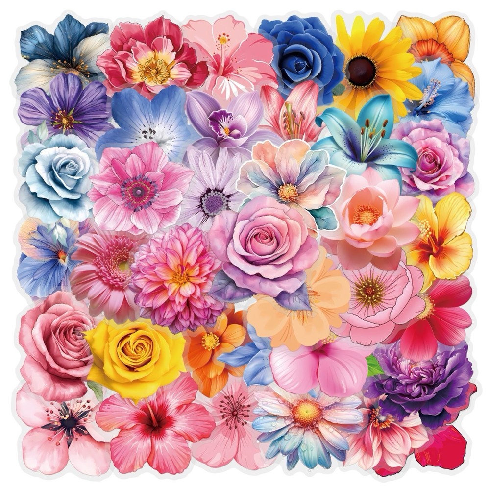 30Pcs Random PET Transparent Colorful Flower Natural Plants Floral Stickers