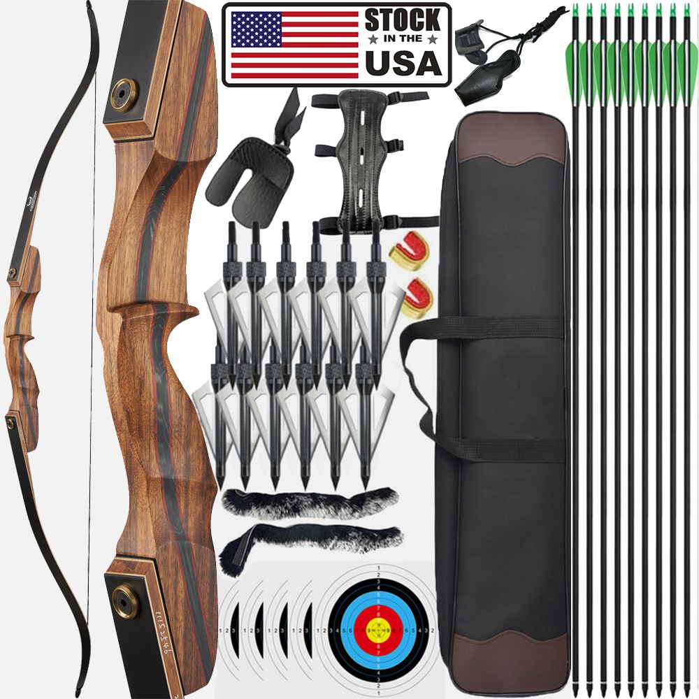 60» Archery Takedown Recurve Bow Wooden Riser Hunting Arrows Shooting 25-60lbs