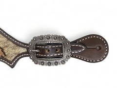 Western Women’s Spur Strap Set with Leather Leaves on Cowhide, Raw Metal Concho