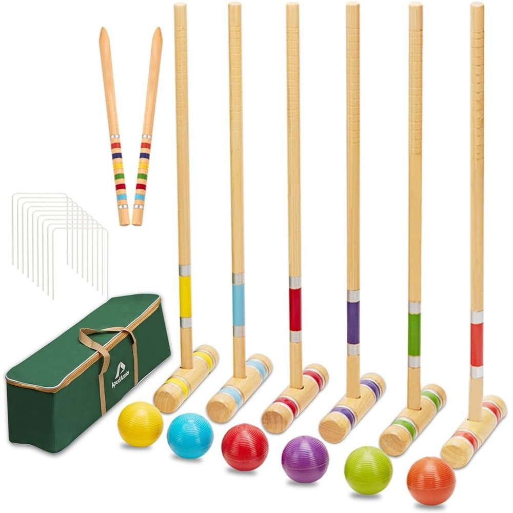 Croquet Set with Deluxe Premium Pine Wooden Mallets 32In Six Player Colored B…
