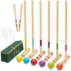 Croquet Set with Deluxe Premium Pine Wooden Mallets 32In Six Player Colored B…