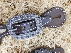 Western Women’s Spur Strap Set with Leather Leaves on Cowhide, Raw Metal Concho