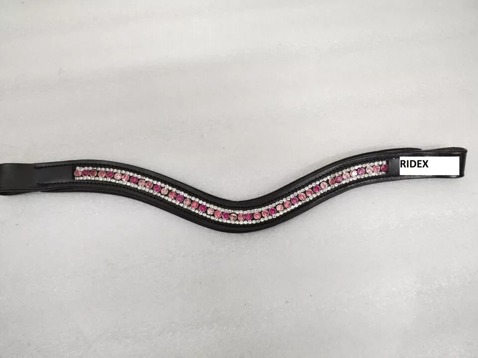 Designer Gorgeous 3 Row Pink Crystal Horse Leather Browband For Bridle.