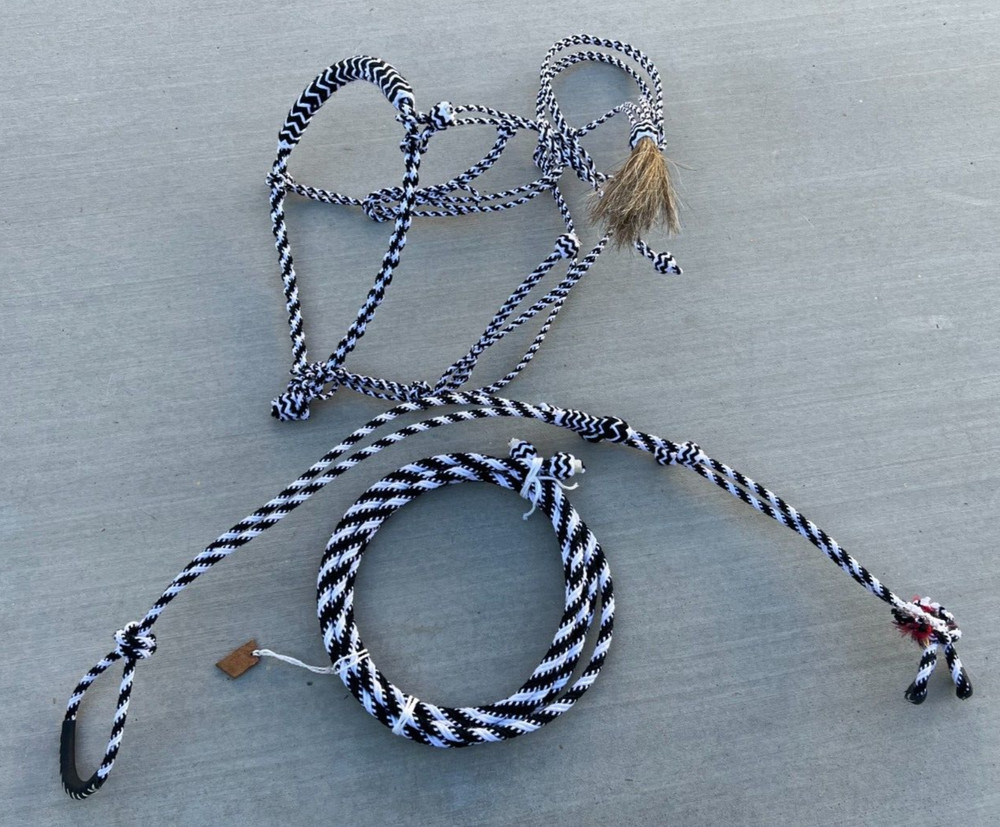 White and Blac CHARRO CABRESTO BOSALILLO, COTTON HANDMADE CHARRO BOSAL REINS SET