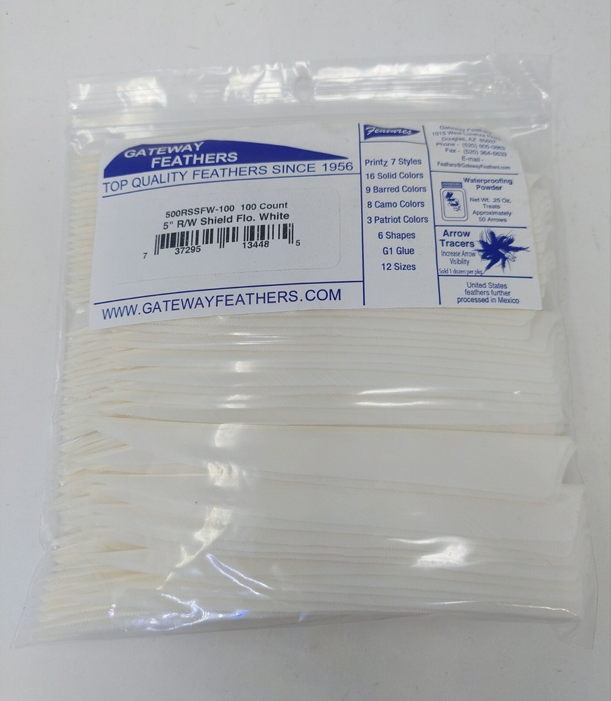 100pk Gateway Feathers 5″ Right Wing: Shield Flo. Florescent White 500RSSFW-100