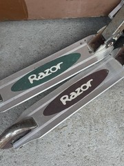 Pair of Vintage Razor Aluminum Kick Scooters Folding Silver Kick Scooters