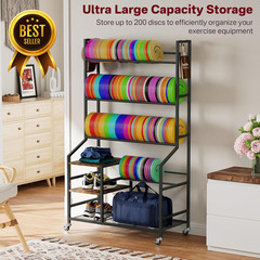 5 Tier Disc Golf Storage Rack with Wheels Hooks Organizer