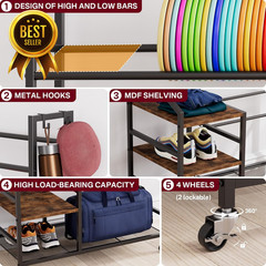 5 Tier Disc Golf Storage Rack with Wheels Hooks Organizer