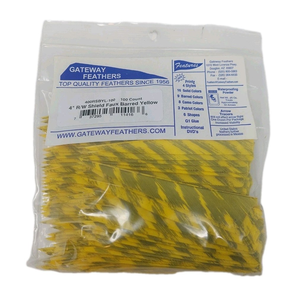 100 Pack Gateway Feathers 4″ Right Wing: Shield Faux Barred Yellow 400RSBYL-100
